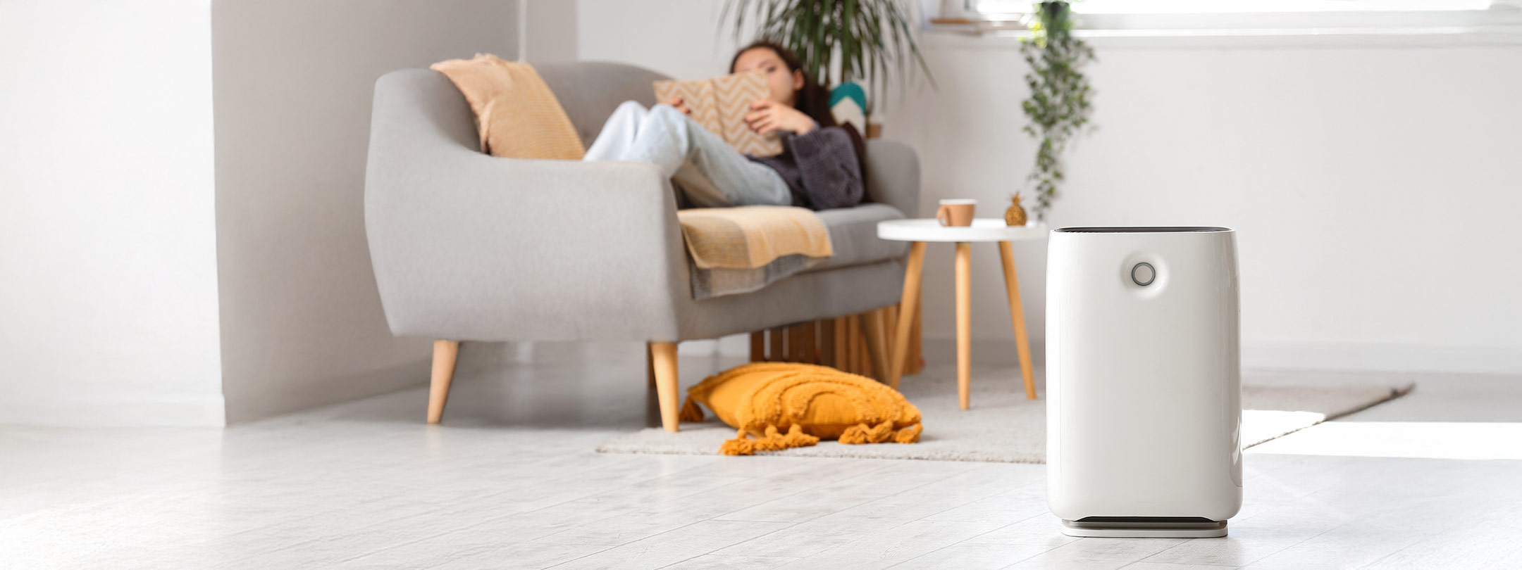 Photo of an air purifier in a living space with a young woman laying on a sofa reading a book.